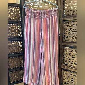Indigo Rein Pink Striped Wide Leg Linen & Rayon Pull On Boho Palazzo Pants.